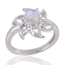 Bright Rainbow Moonstone 925 Sterling Silver with Flower Design Ring